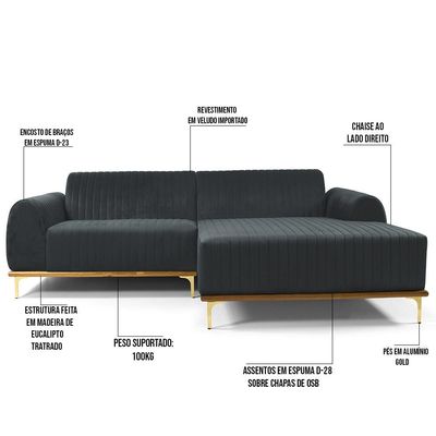 Sofá 5 Lugares com Chaise Direito Para Sala Molino 300 cm D02 Veludo Cinza C-317 - Lyam Decor