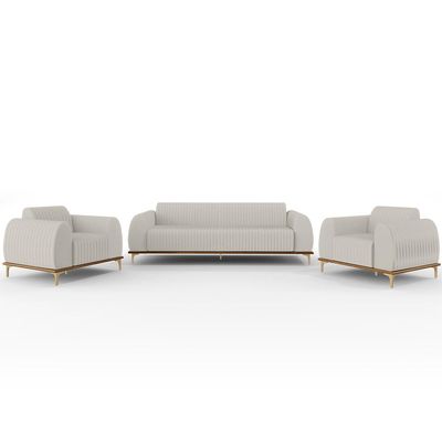 Kit Sofá 3 Lugares 180cm Com 2 Poltronas Molino Pés D'ouro D02 Linho Cru C-443 - Lyam Decor
