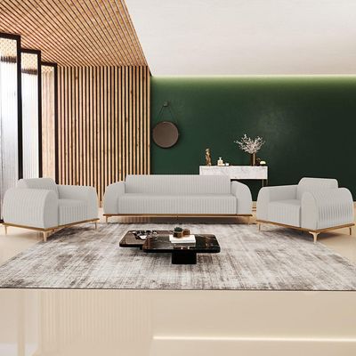 Kit Sofá 3 Lugares 180cm Com 2 Poltronas Molino Pés D'ouro D02 Linho Cru C-443 - Lyam Decor