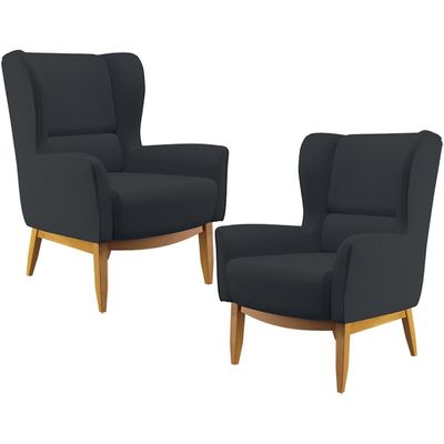 Kit 02 Poltronas Decorativa Fixa Base de Madeira Milena D02 Linho Chumbo D-465 - Lyam Decor
