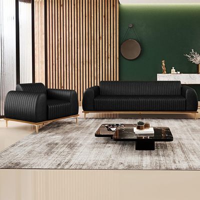 Kit Sofá 2 Lugares 150cm Com Poltrona Molino Pés D'ouro D02 Couríssimo Preto B-159 - Lyam Decor