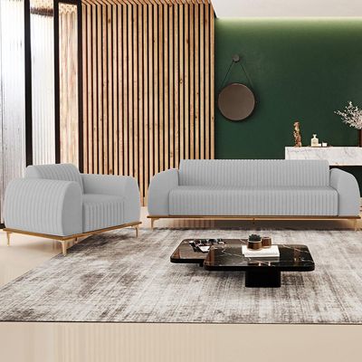 Kit Sofá 2 Lugares Sala Estar 150cm E Poltrona Molino Pés D'ouro D02 Linho Cinza D-315 - Lyam Decor