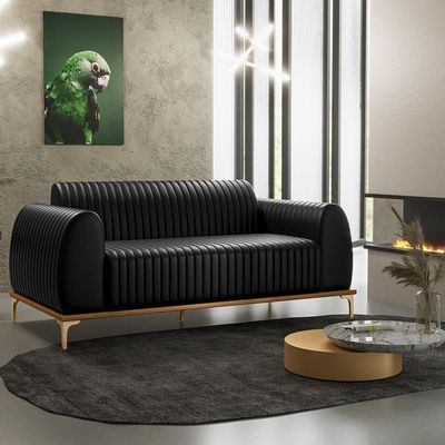 Sofá 3 Lugares Para Sala de Estar Molino 180 cm D02 Pés D'Ouro Couríssimo Preto B-159 - Lyam Decor
