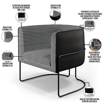 Poltrona Decorativa Fixa Base Aço Preto Betina D02 Pied Poule Corano Preto - Lyam Decor