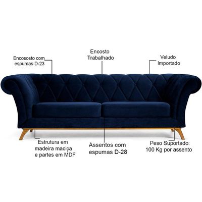 Sofá 3 Lugares Para Sala de Estar Império 210 cm D02 Veludo Azul Marinho C-287 - Lyam Decor