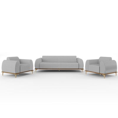 Kit Sofá 3 Lugares 180cm Com 2 Poltronas Molino Pés D'ouro D02 Linho Cinza D-315 - Lyam Decor