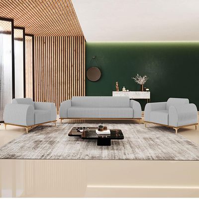 Kit Sofá 3 Lugares 180cm Com 2 Poltronas Molino Pés D'ouro D02 Linho Cinza D-315 - Lyam Decor