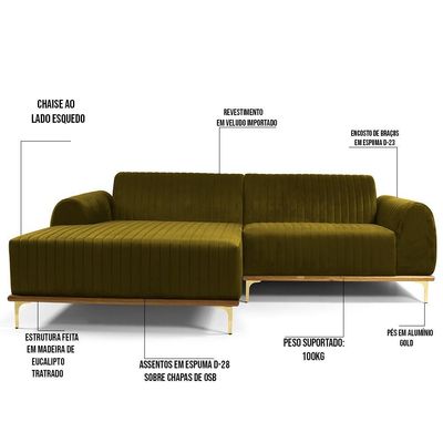 Sofá 3 Lugares com Chaise Esquerdo Para Sala Molino 230 cm D02 Veludo Mostarda C-260 -Lyam Decor