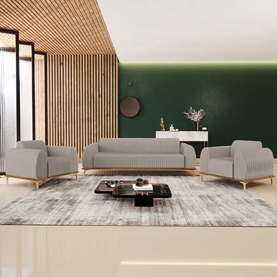 Kit Sofá 3 Lugares 180cm Com 2 Poltronas Molino Pés D'ouro D02 Linho Bege C-107 - Lyam Decor