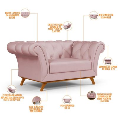 Sofá 2 Lugares Para Sala de Estar Império 150 cm D02 Veludo Rosê C-305 - Lyam Decor