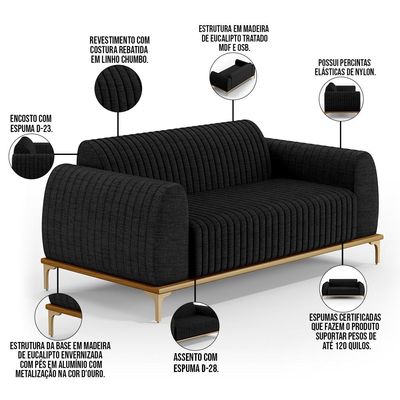 Kit Sofá 3 Lugares Sala Estar 210cm E Poltrona Molino Pés D'ouro D02 Linho Chumbo D-465 - Lyam Decor