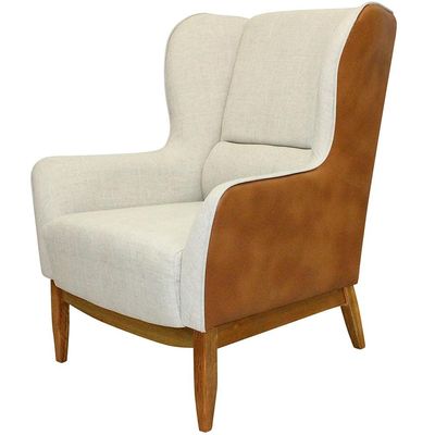 Kit Poltrona Decorativa Milena com Puff Viseo D02 Linho Bege A-184 Corano Marrom  - Lyam Decor
