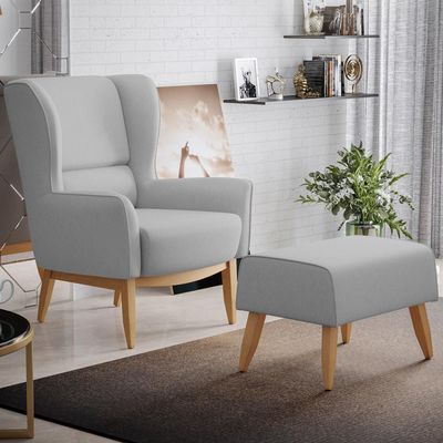 Kit Poltrona Decorativa Milena D02 com Puff Viseo Linho Cinza D-315 - Lyam Decor