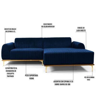 Sofá 5 Lugares com Chaise Direito Para Sala Molino 320 cm D02 Veludo Azul Oxford C-304 - Lyam Decor