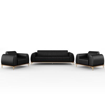 Kit Sofá 3 Lugares 210cm Com 2 Poltronas Molino Pés D'ouro D02 Couríssimo Preto B-159 - Lyam Decor