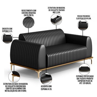 Kit Sofá 3 Lugares 210cm Com 2 Poltronas Molino Pés D'ouro D02 Couríssimo Preto B-159 - Lyam Decor