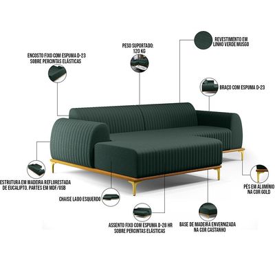 Sofá 5 Lugares com Chaise Esquerdo Sala Estar Molino 300cm D02 Linho Verde Musgo C-117 - Lyam Decor