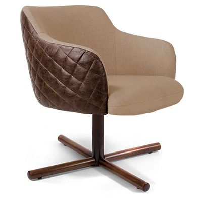 Kit 02 Poltronas Decorativa Giratória Base X Jade D02 Linho Bege C-129 Tressê Corano Marrom - Lyam Decor