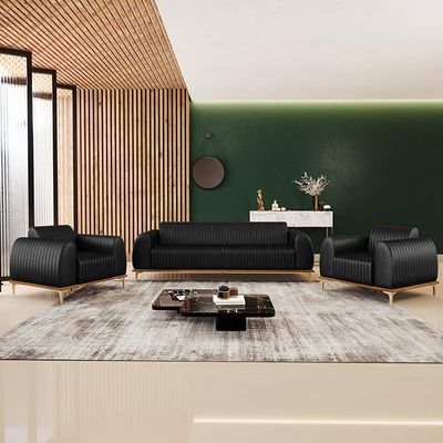 Kit Sofá 2 Lugares 150cm Com 2 Poltronas Molino Pés D'ouro D02 Couríssimo Preto B-159 - Lyam Decor