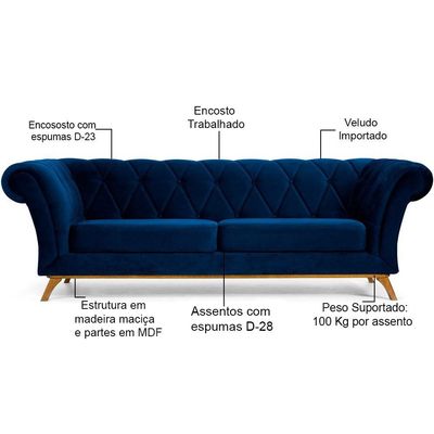 Sofá 3 Lugares Para Sala de Estar Império 230 cm D02 Veludo Azul Oxford C-304 - Lyam Decor