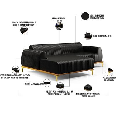 Sofá 5 Lugares com Chaise Esquerdo Sala Estar Molino 300cm D02 Couríssimo Preto B-159 - Lyam Decor