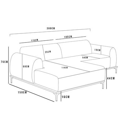 Sofá 5 Lugares com Chaise Esquerdo Sala Estar Molino 300cm D02 Couríssimo Preto B-159 - Lyam Decor