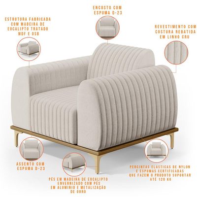 Kit Sofá 3 Lugares Sala Estar 210cm Com Poltrona Molino Pés D'ouro D02 Linho Cru C-443 - Lyam Decor