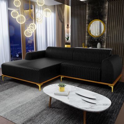 Sofá 3 Lugares com Chaise Esquerdo Sala Estar Molino 230cm D02 Couríssimo Preto B-159 - Lyam Decor