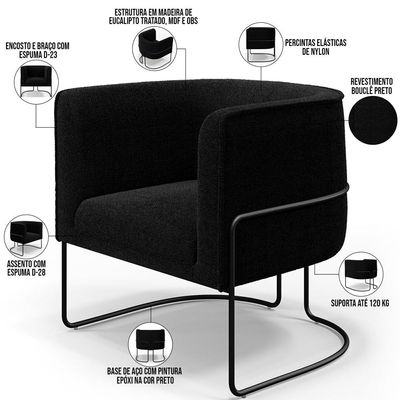 Kit 02 Poltronas Para Sala De Estar Decorativa Fixa Base Aço Preto Betina  Bouclê Preto - Lyam Decor