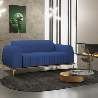Sofá 3 Lugares Para Sala De Estar Molino 210cm D02 Pés D'ouro Veludo Azul Marinho C-304 - Lyam Decor