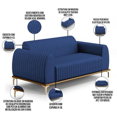Sofá 3 Lugares Para Sala De Estar Molino 210cm D02 Pés D'ouro Veludo Azul Marinho C-304 - Lyam Decor