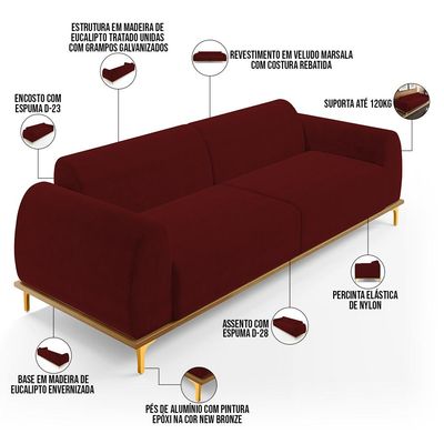 Sofá 03 Lugares Para Sala de Estar Kiev 210 cm D02 Veludo Marsala C-278 - Lyam Decor