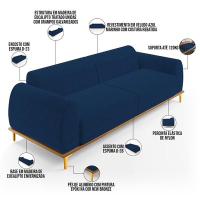 Sofá 03 Lugares Para Sala de Estar Kiev 210 cm D02 Veludo Azul Marinho C-304 - Lyam Decor