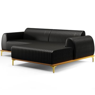 Sofá 6 Lugares com Chaise Direito Sala de Estar Molino 350cm D02 Couríssimo Preto B-159 - Lyam Decor