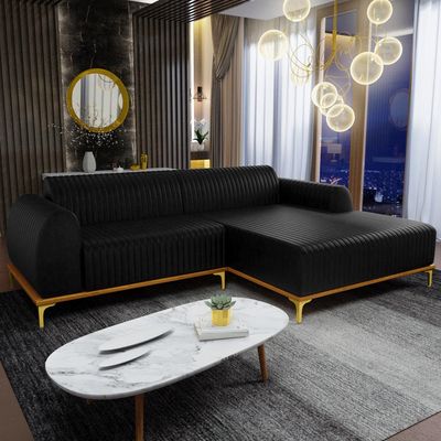 Sofá 6 Lugares com Chaise Direito Sala de Estar Molino 350cm D02 Couríssimo Preto B-159 - Lyam Decor