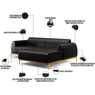 Sofá 6 Lugares com Chaise Direito Sala de Estar Molino 350cm D02 Couríssimo Preto B-159 - Lyam Decor