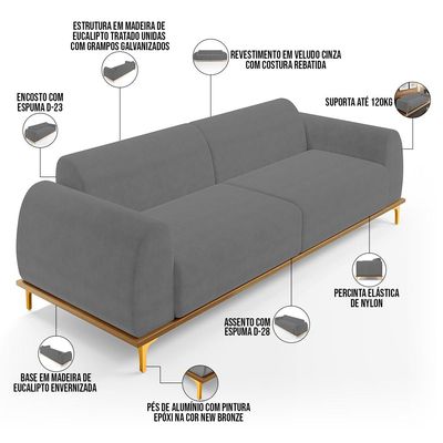 Sofá 03 Lugares Para Sala de Estar Kiev 210 cm D02 Veludo Cinza C-317 - Lyam Decor