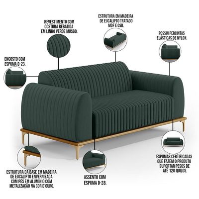 Sofá 2 Lugares Para Sala de Estar Molino 150 cm D02 Pés D'Ouro Linho Verde Musgo C-117 - Lyam Decor