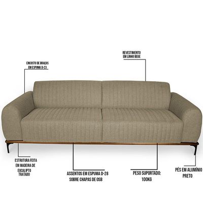 Sofá 3 Lugares Para Sala de Estar Molino 210 cm D02 Linho Bege C-129 - Lyam Decor
