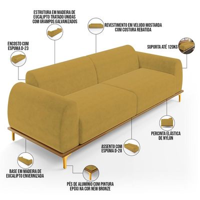 Sofá 03 Lugares Para Sala de Estar Kiev 210 cm D02 Veludo Mostarda C-260 - Lyam Decor