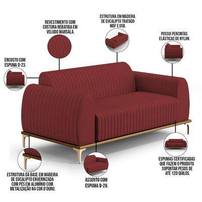 Sofá 2 Lugares Para Sala de Estar Molino 150 cm D02 Pés D'Ouro Veludo Marsala C-278 - Lyam Decor