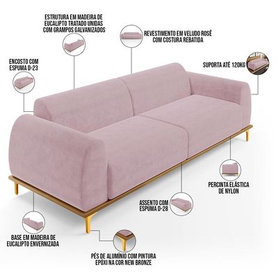 Sofá 03 Lugares Para Sala de Estar Kiev 210 cm D02 Veludo Rosê C-305 - Lyam Decor