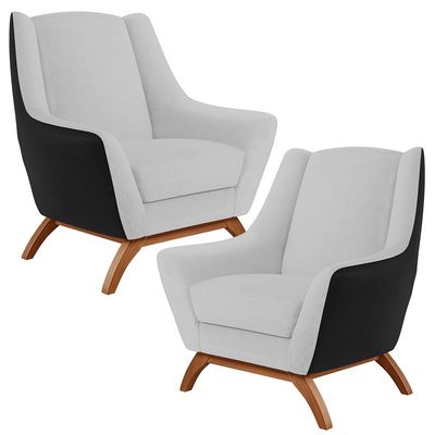 Kit 2 Poltronas Decorativas Base Madeira Juliet D02 Corano Preto C-05 Linho Cinza D-315 - Lyam Decor