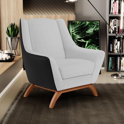 Kit 2 Poltronas Decorativas Base Madeira Juliet D02 Corano Preto C-05 Linho Cinza D-315 - Lyam Decor