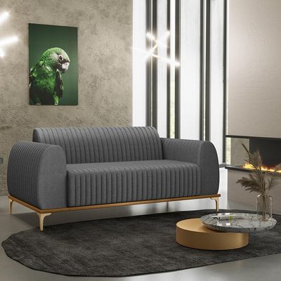 Sofá 2 Lugares Para Sala de Estar Molino 150 cm D02 Pés D'Ouro Linho Cinza Escuro C-416 - Lyam Decor