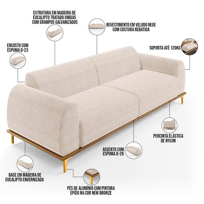 Sofá 03 Lugares Para Sala de Estar Kiev 210 cm D02 Veludo Bege C-309 - Lyam Decor