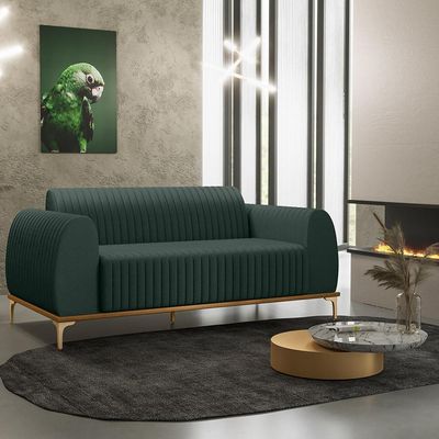 Sofá 3 Lugares Para Sala De Estar Molino 210 Cm D02 Pés D'ouro Linho Verde Musgo C-117 - Lyam Decor