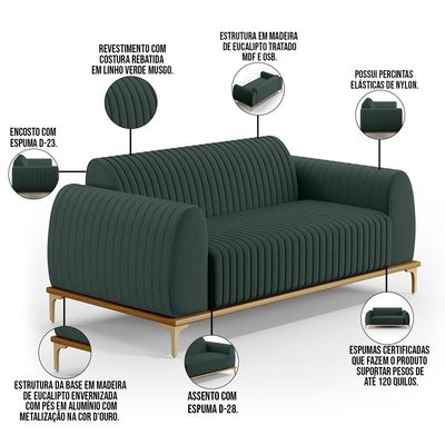 Sofá 3 Lugares Para Sala De Estar Molino 210 Cm D02 Pés D'ouro Linho Verde Musgo C-117 - Lyam Decor