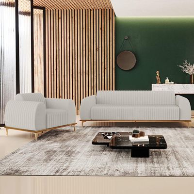 Kit Sofá 2 Lugares Sala Estar 150cm Com Poltrona Molino Pés D'ouro D02 Linho Cru C-443 - Lyam Decor