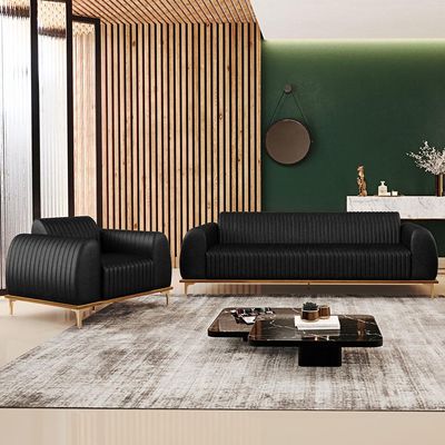 Kit Sofá 3 Lugares 180cm Com Poltrona Molino Pés D'ouro D02 Couríssimo Preto B-159 - Lyam Decor